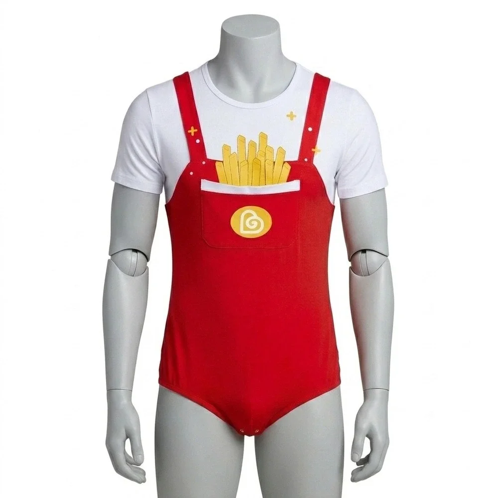 Landofgenie Men French Fries Overalls Graphic Bodysuit Red White Short Sleeve S